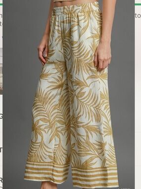 Umgee Latte Leaf-Print Wide Leg Pants - Gold & White
